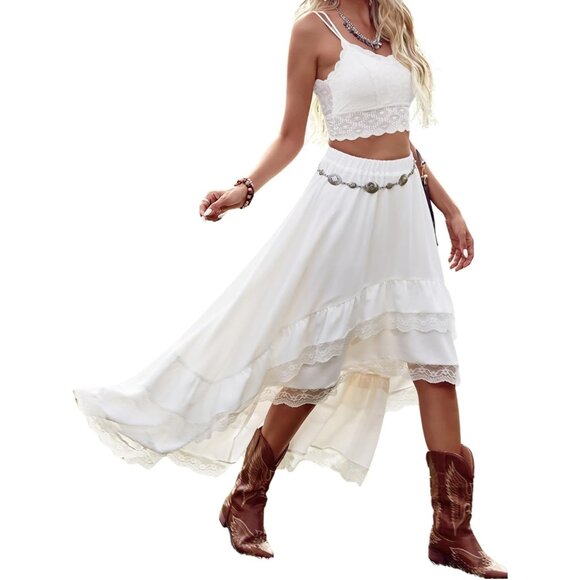 Large White Boho Lace Ruffle Skirt - Asymmetrical Cowgirl Style for Festivals - Picture 1 of 7